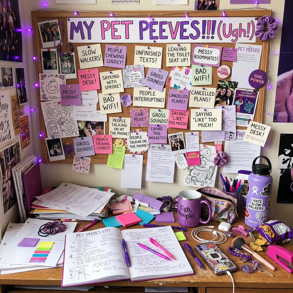 Desk cluttered with study notes, sticky notes about pet peeves, and personal items in purple tones